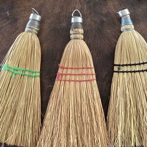 Set of 3 Hand Whisk Brooms with Colored Bindings - Natural Straw